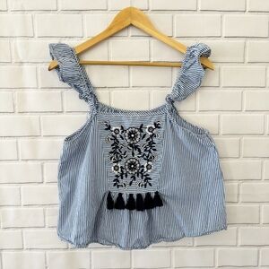 Zara Blue Striped Embroidered Tassel Top Size Medium